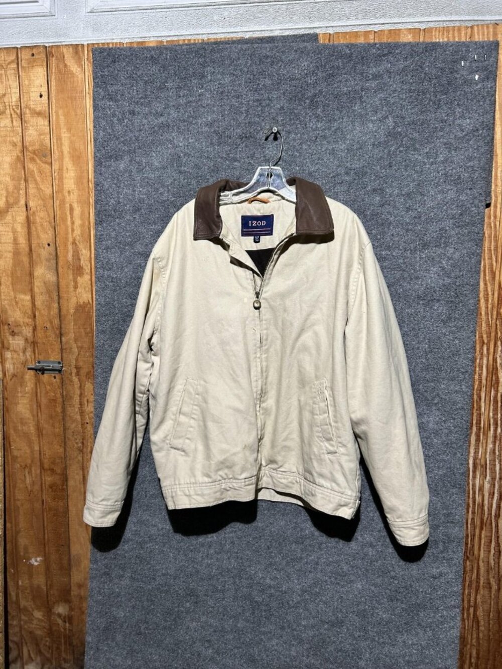 IZOD Canvas Jacket Mens XL Beige Full Zip Insulated Bomber Coat Brown Collar
